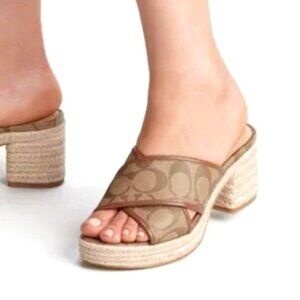 COACH SANDALS Size 9 Block Heel  Espadrille Logo Slide Mule Platform Slip On